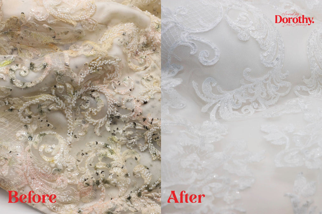 Before and after comparison of a lace wedding dress bodice clean with 'Dorothy' branding.